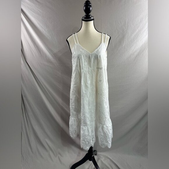 French Eyelet Embroidery Ruffle Hem Cami Dress White - Picture 5 of 5